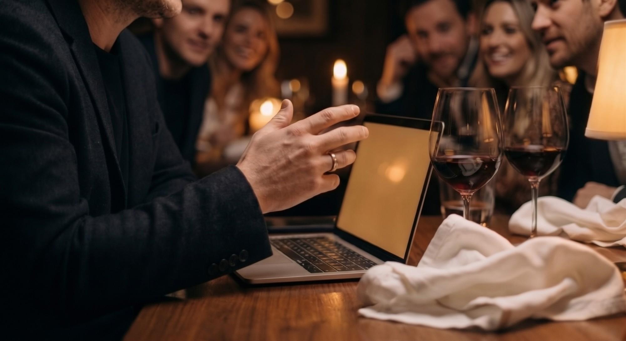 A host in a dark blazer explains something over an open laptop while guests lean in, glasses of red wine on the table.